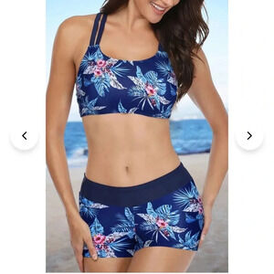 Holpick blue tropical floral print top and swim shorts bathing suit size 22W NWT
